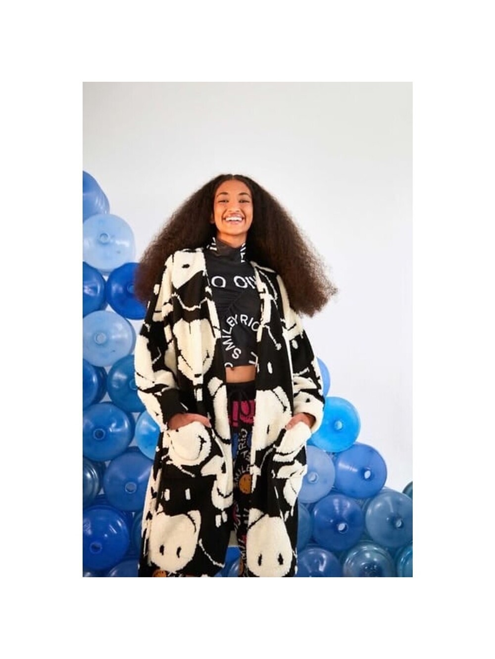 Farm Rio X Smiley BLACK & WHITE SMILEY FLEECE COAT XS NWT